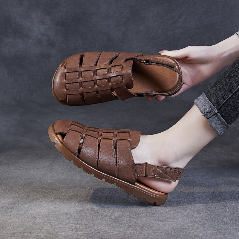 Summer Retro Leather Woven Closed Toe Cut-Out Soft Sole Flats