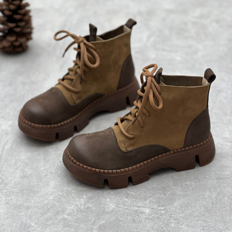 Women Retro Handmade Genuine Leather Platform Short Boots