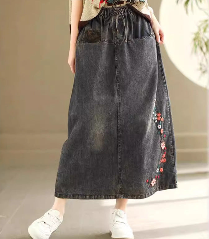 Retro Flowers Embroidered Lace-Up A-Line Midi Denim Skirt