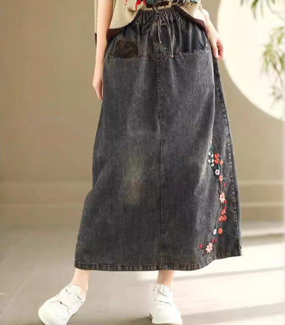 Retro Flowers Embroidered Lace-Up A-Line Midi Denim Skirt