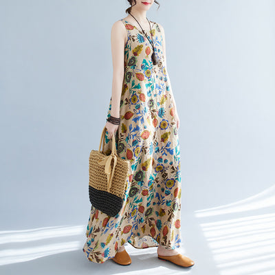 Women Summer Cotton Linen Round Neck Sleeveless Dress