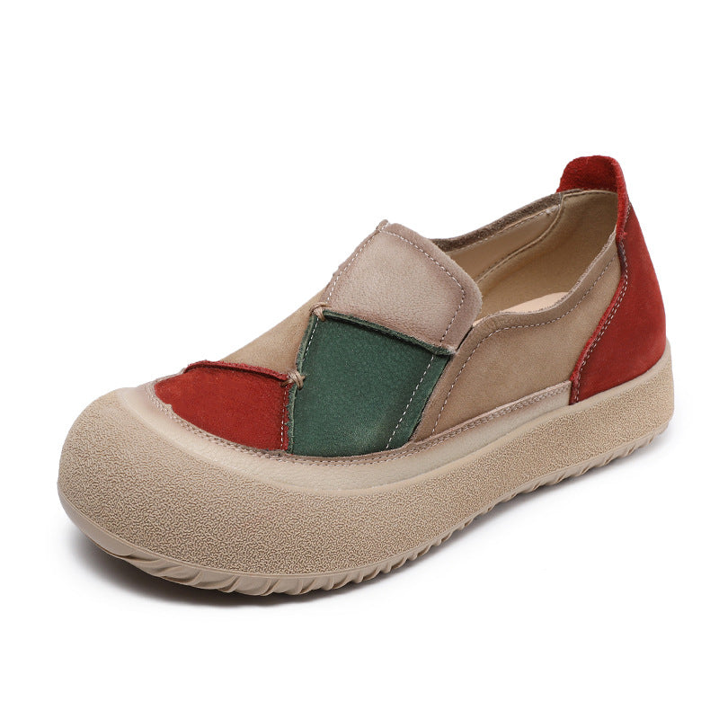 Women Casual Leather Chunky Color-Blocked Slip-Ons Flats