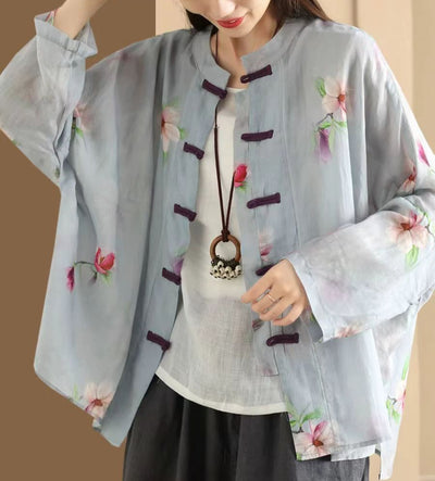 Ladies Vintage Printed Ramie Shirt Chinese Style Elegant Jacket