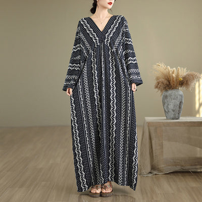 Women Autumn Linen Cotton V-Neck Striped Loose Dress