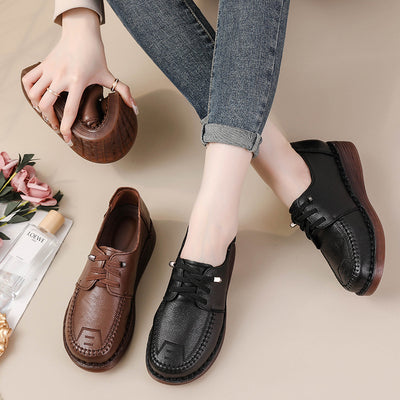 Women Retro Comfy Genuine Leather Platform Wedge Soft Sole Shoes