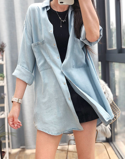 Women Autumn Retro Denim Soft Versatile Loose Shirt