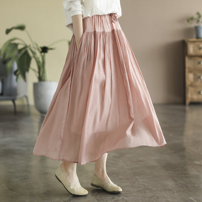 Casual Solid Color High Waist Pleated Cotton Linen A-Line Skirt
