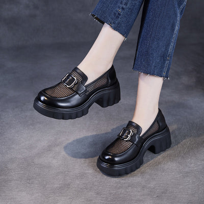 Black Breathable Mesh Patchwork Leather Loafers for Women
