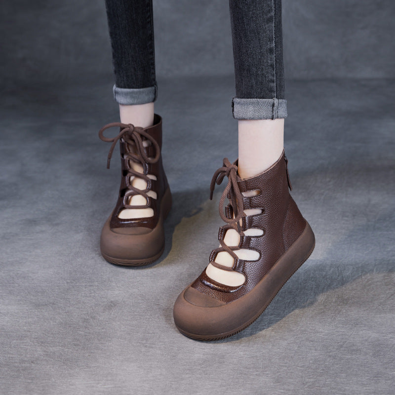 Women Retro Breathable Hollow Leather Lace-Up Short Boots