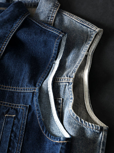 Women Spring Retro Denim Solid Color Casual Vest