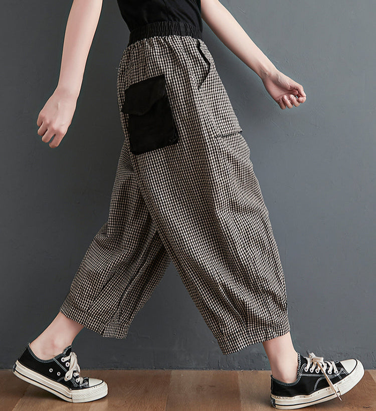 Large Pockets Plaid Elastic Waist Casual Cotton Linen Pants