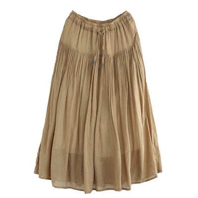 Casual Solid Color High Waist Pleated Cotton Linen A-Line Skirt