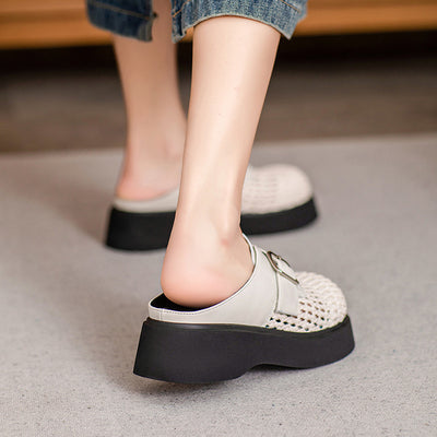 Ladies Casual Breathable Platform Sheepskin Woven Retro Slippers