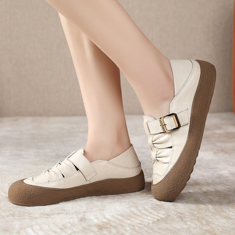 Women Fashion Genuine Leather Ruched Buckled Casual Shoes