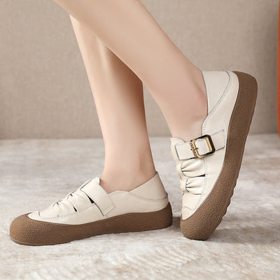 Women Fashion Genuine Leather Ruched Buckled Casual Shoes