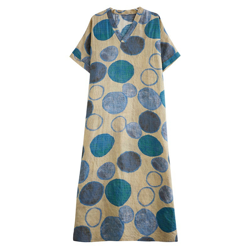 Women Summer Casual Cotton Linen V-Neck Plus Size Dress