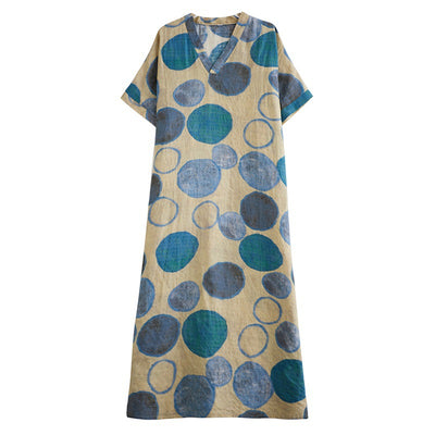 Women Summer Casual Cotton Linen V-Neck Plus Size Dress