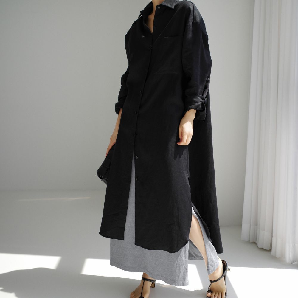 Women Spring Loose Mid-Length Slit Cotton Linen Shirt Dress