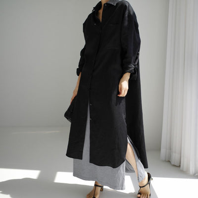 Women Spring Loose Mid-Length Slit Cotton Linen Shirt Dress