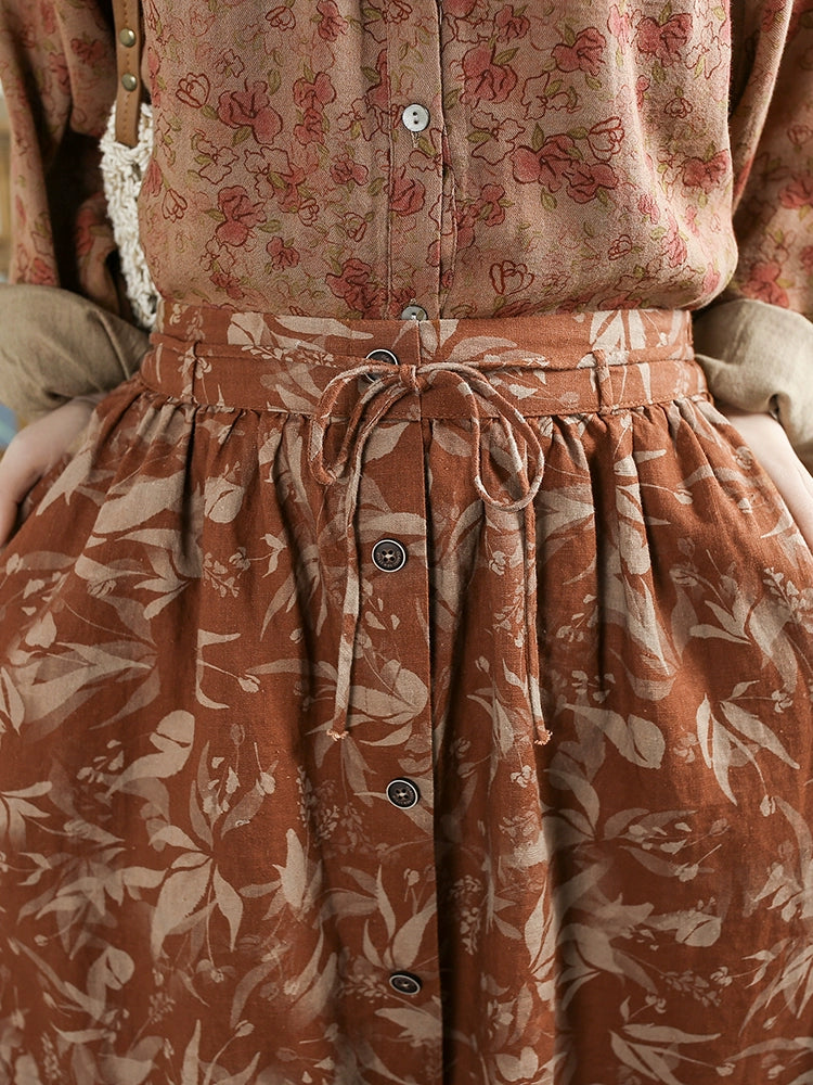 Women Spring Artistic Ramie Printed Floral A-Line Skirt