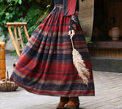 Fashion Ethnic Style Printed Contrast Color Cotton Linen Skirt