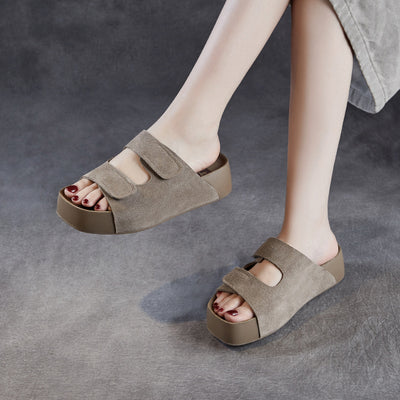 Genuine Leather Chunky Soft Sole Velcro Straps Everyday Slippers
