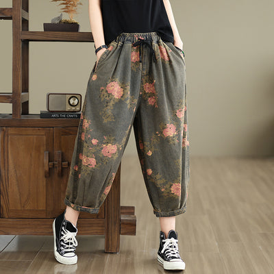 Women Spring Retro Denim Printed Floral Harem Pants