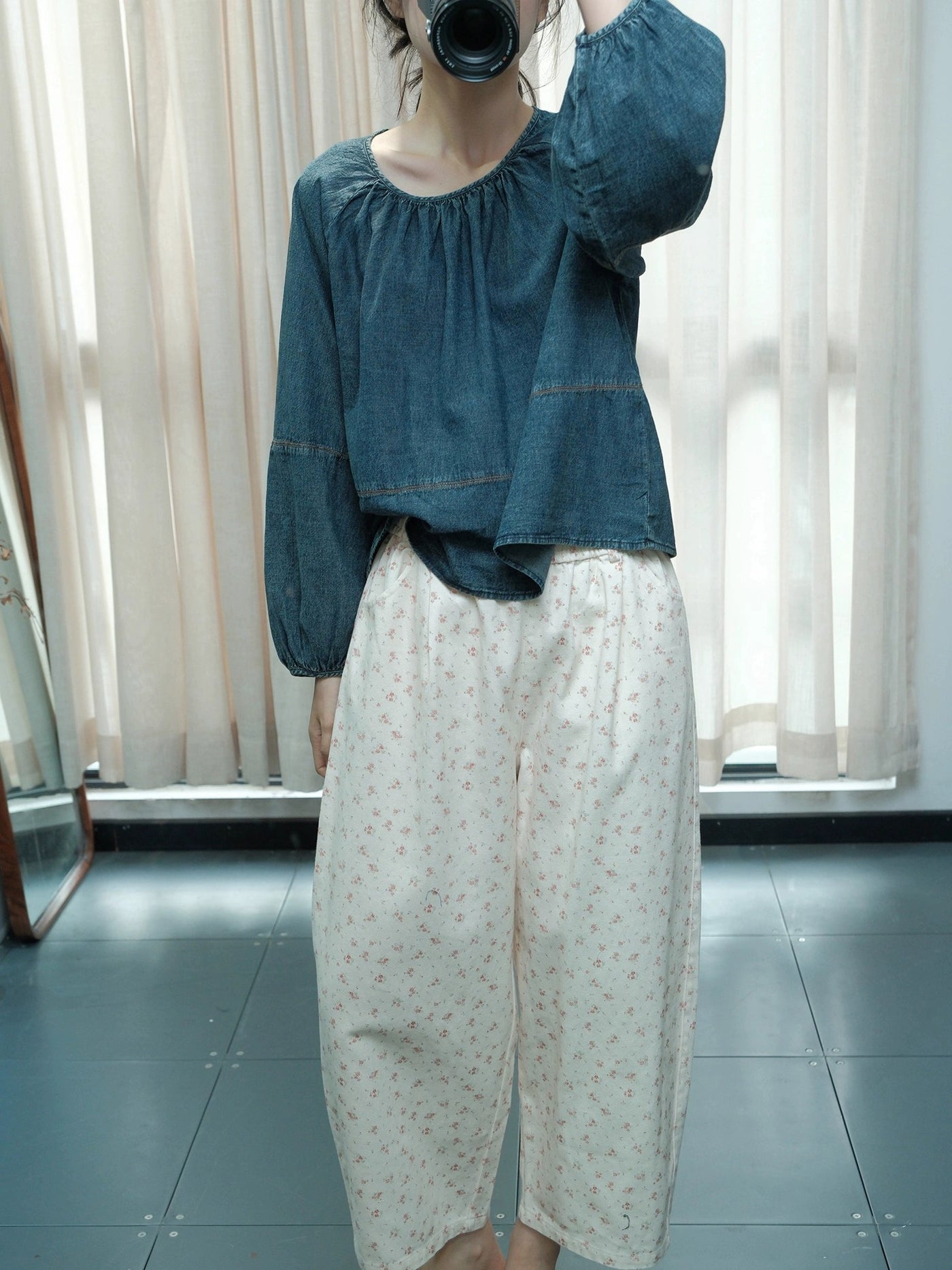 Babakud Retro Denim Round Neck Loose Casual Shirt