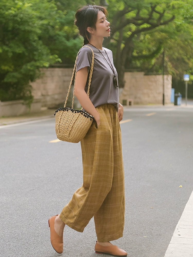 Women Summer Retro Linen Casual Plaid Loose Pants