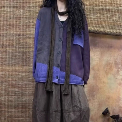 Autumn Retro Cotton V-Neck Casual Loose Patchwork Cardigans
