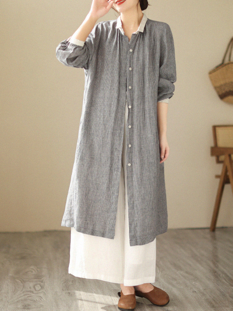 Women Casual Plus Size Houndstooth Plaid Linen Mid-Length Jacket