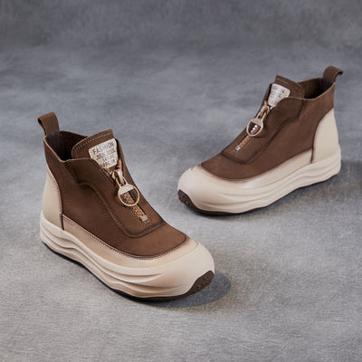 Women Autumn Leather Casual Platform Front Zipper Shoes