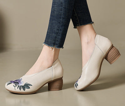 Ethnic Style Retro Genuine Leather Floral Embroidered Heeled Shoes