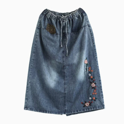 Retro Flowers Embroidered Lace-Up A-Line Midi Denim Skirt