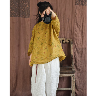 Autumn Retro Ramie Printed Loose Plus Size Shirt