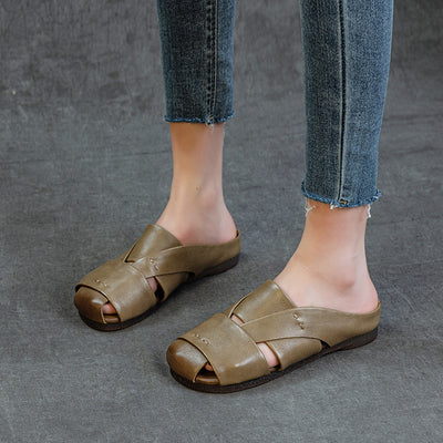 Summer Genuine Leather Thin Soft Sole Cut-Out Sandals Slippers