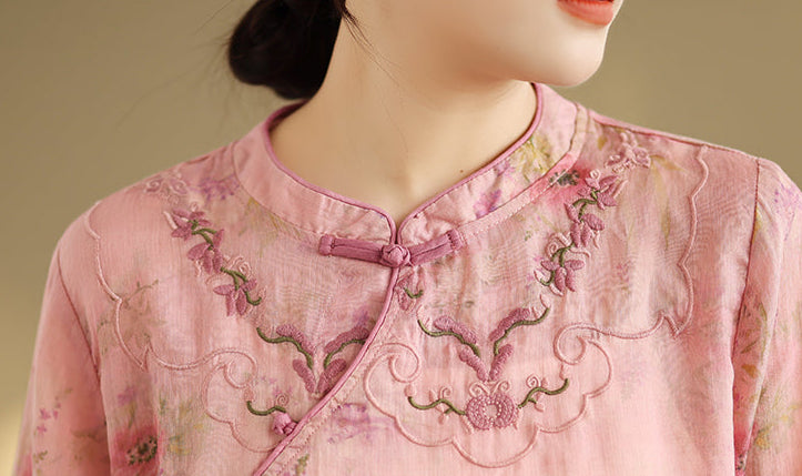 Ladies Elegant Chinese Style Embroidered Buttoned Ramie Blouse