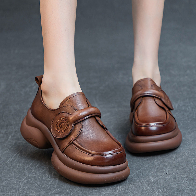 Women Retro Genuine Leather Wide Soft Sole Velcro Flats