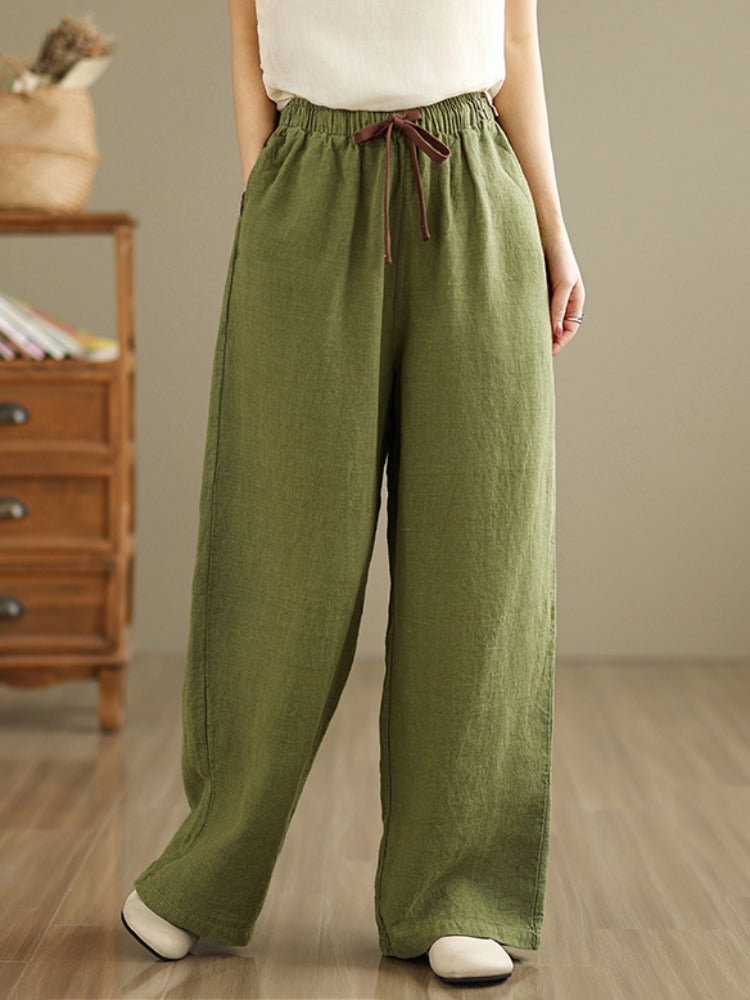 Retro Solid Color High Waist Comfy Linen Pants for Women