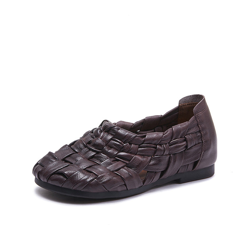 Babakud Retro Genuine Leather Woven Hollow Slip-Ons Flats Shoes