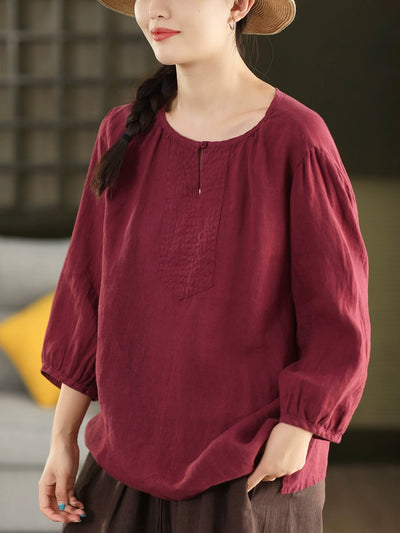 Autumn Retro Linen Round Neck Puff Sleeve Loose Shirt