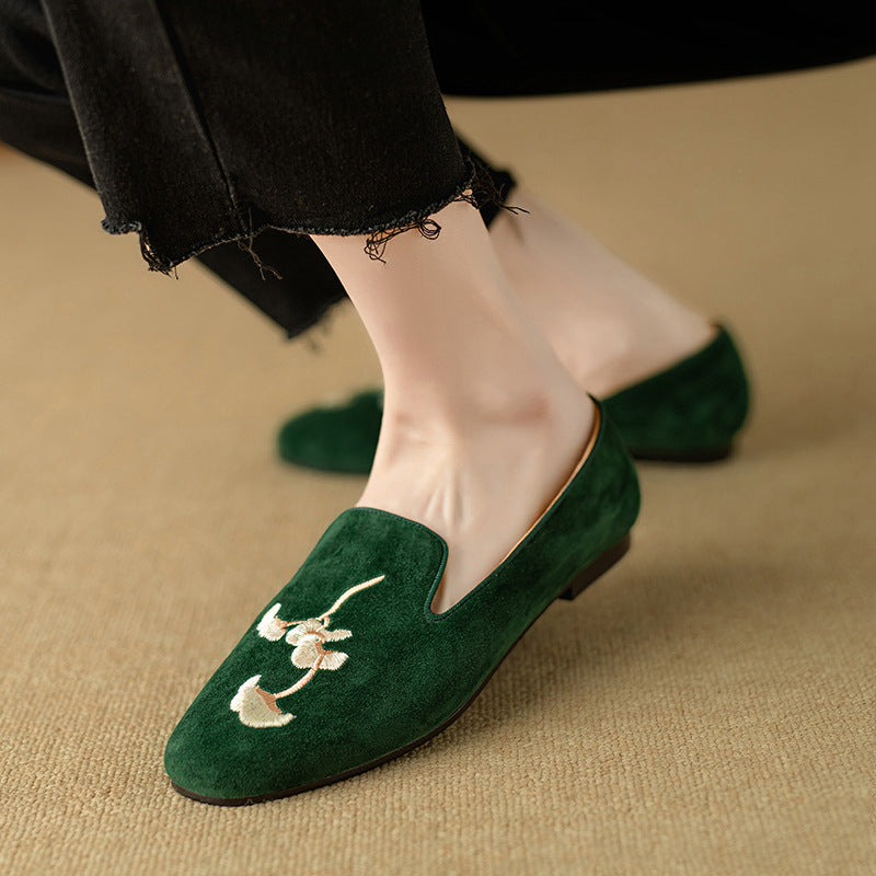 Women Spring Retro Embroidered Suede Loafers with Flat Sole
