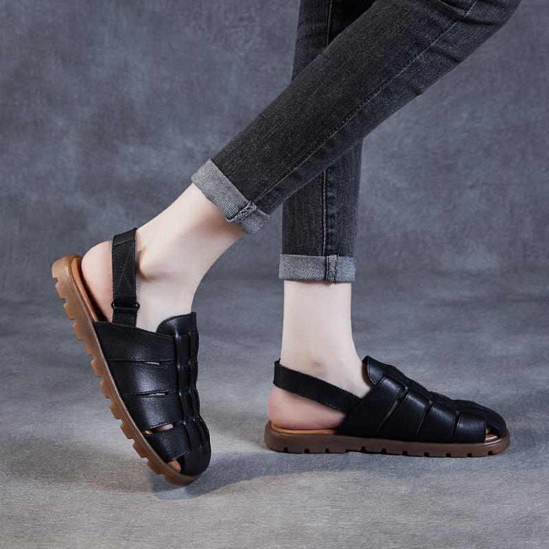 Summer Retro Leather Woven Closed Toe Cut-Out Soft Sole Flats