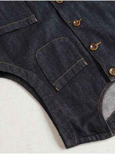 Retro Denim Round Neck Loose Pockets Single Breasted Vest