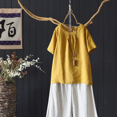 Retro Summer Linen Round Neck Loose Solid Color T-Shirt