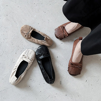 Women Retro Sheepskin Leather Round Toe Bow Tassel Soft Shoes