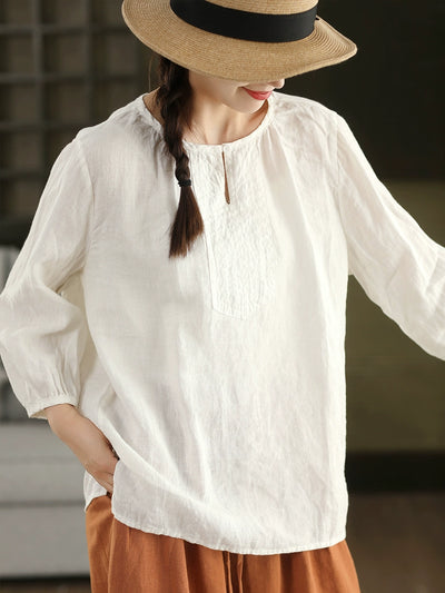 Autumn Retro Linen Round Neck Puff Sleeve Loose Shirt
