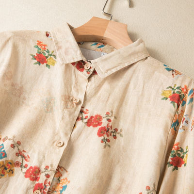 Women Spring Retro Printed Long-Sleeved Cotton Linen Shirt