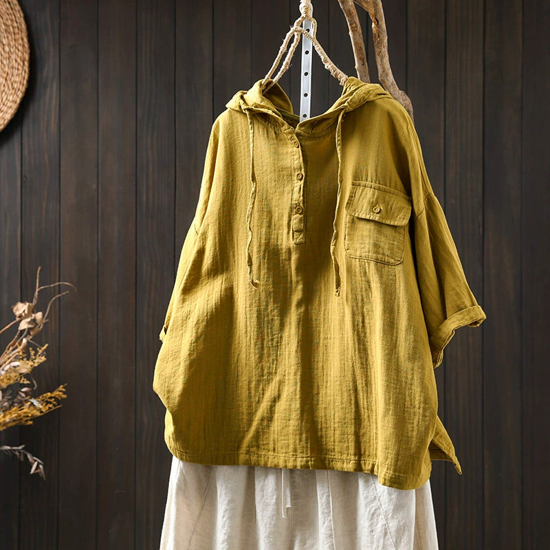 Women Spring Vintage Cotton Hooded Short-Sleeve Pullover Shirt