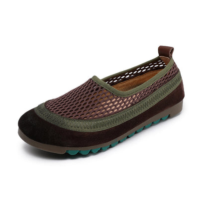Women Summer Retro Leather Mesh Hollow Soft Flats